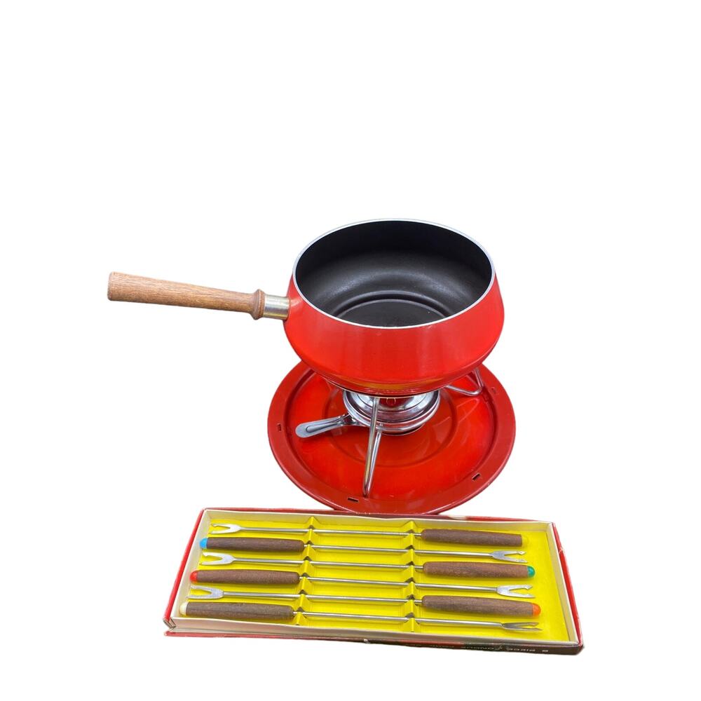 Vintage Retro Aluminum red Fondue Pot with Burner Stand Forks